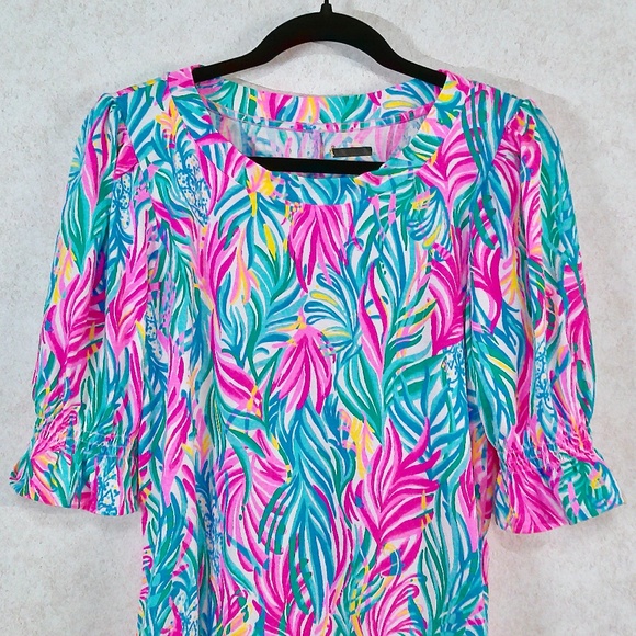 MWOT Lilly Pulitzer Kelp Me Midi Dress Multi Colors Puff Sleeves Size Large - Picture 2 of 10